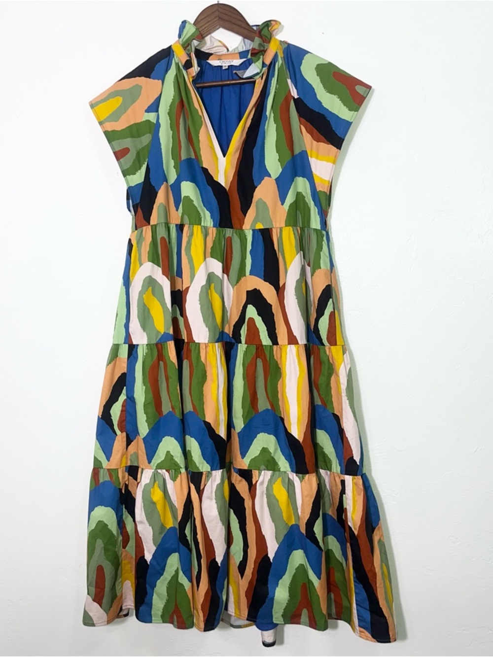 CROSBY by Mollie Burch Watts Dress Geode Print Abstract Tiered Midi Cotton - Picture 4 of 12
